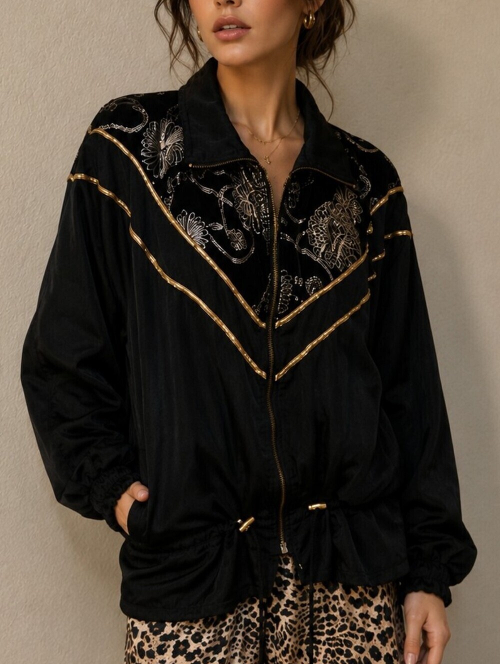 Vtg LAVON 1990s Black and Gold Oversized Metallic Swishy Track Jacket